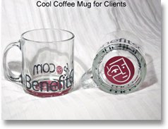 Benefits Cafe clear-glass mug with logo
