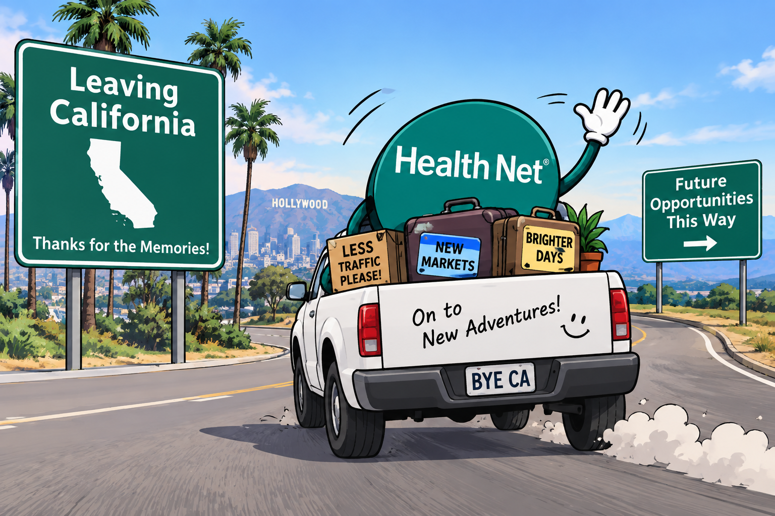 Illustration of Health Net departing California via a moving truck.