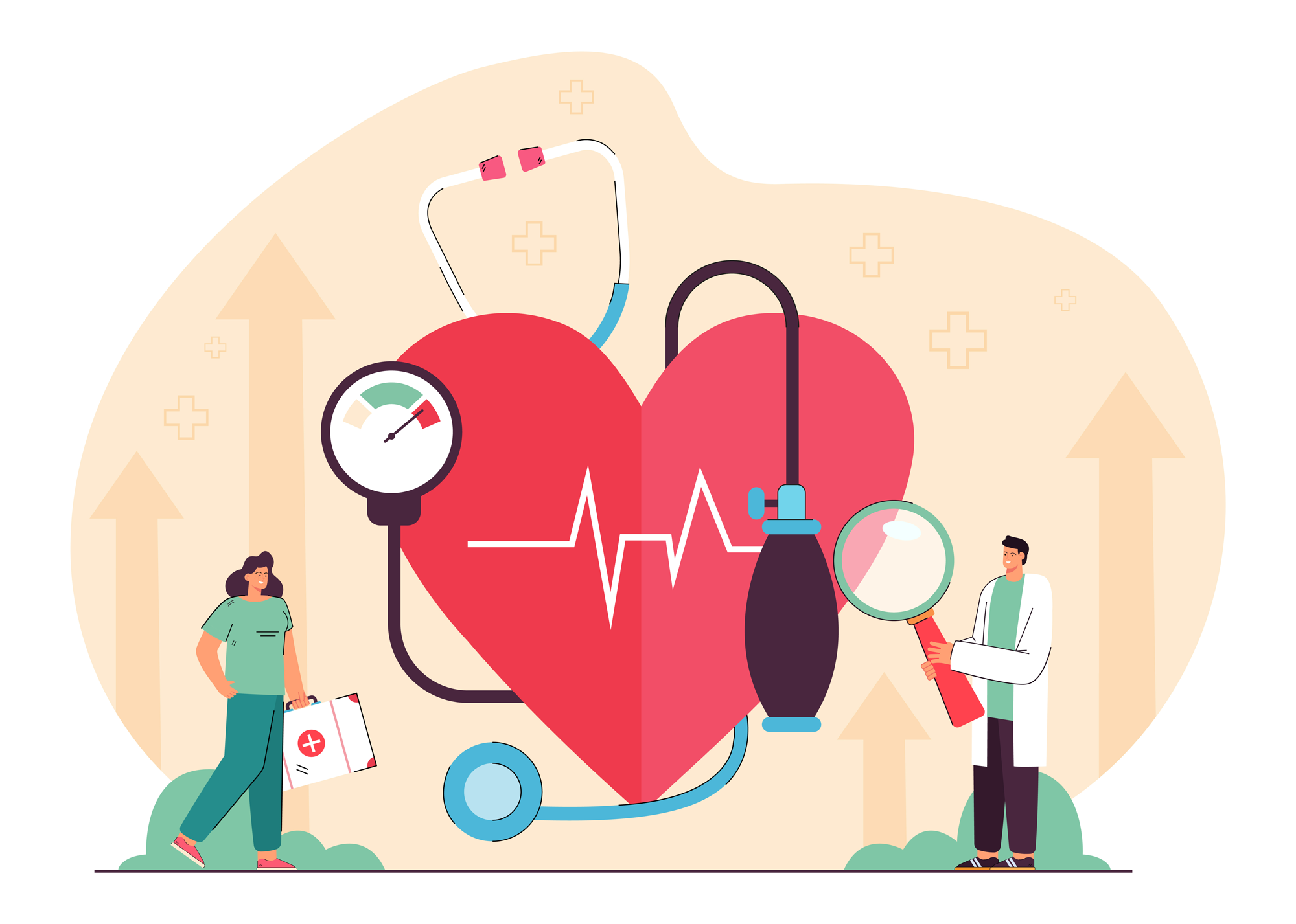 Illustration of doctors and nurses examining a big troubled heart.