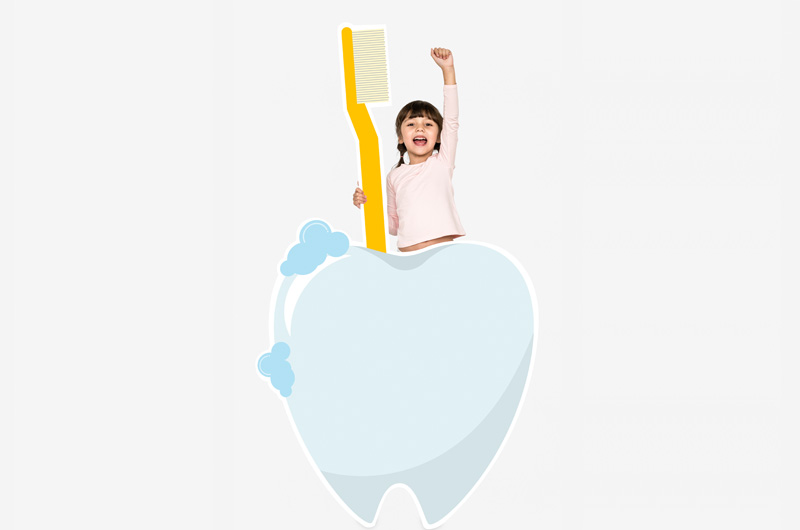 Cheerful girl with raised victory fist and giant toothbrush behind a tooth illustration, demonstrating successful dental care.