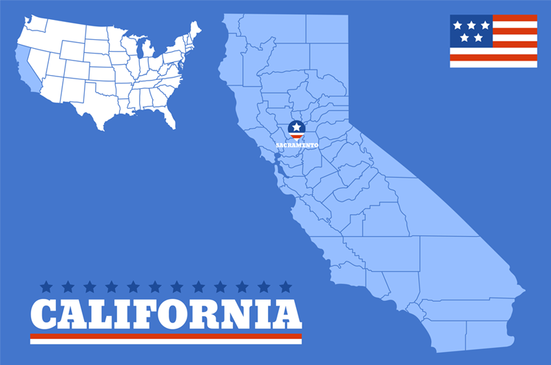 Illustration showing the state map of California with Sacramento, and an inset map highlighting the state in the contiguous 48 U.S. States.