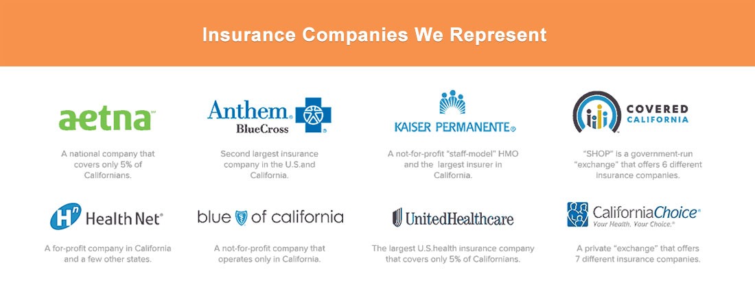 Health Insurance Companies: Aetna, Anthem, Kaiser, Covered California, HealthNet, Blue Shield, United, CalChoice